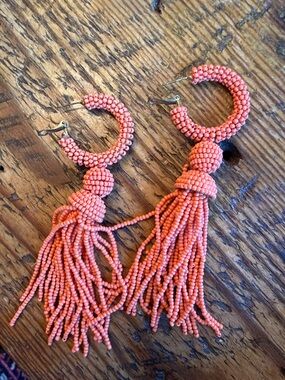 Coral Beaded Tassel Hoop Earrings